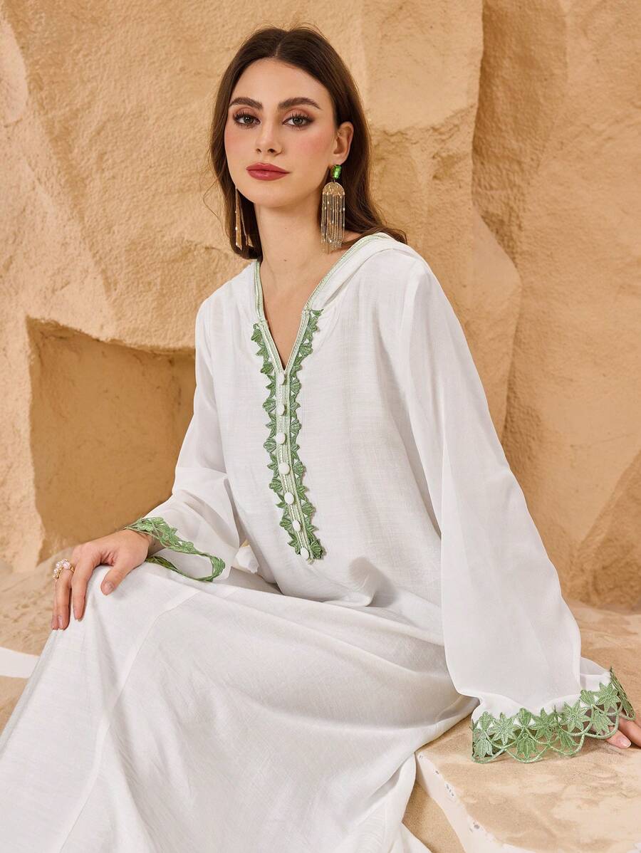 Al Najma Spring/Summer Elegant Flare Sleeve Lace Trim Flared Hem Hooded Arabic Style Dress, Arabian Dresses,Modest