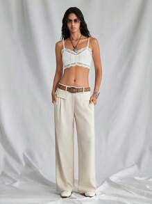 SHEIN Unity 1 quần dài vải lanh ống rộng cạp trễ màu mơ có túi phong cách Bohemian cho nữ, lễ hội âm nhạc - Màu be - Xem 5