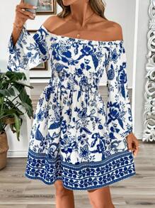 SHEIN Clasi Elegant Women Off Shoulder Frill Trim Flounce Sleeve Bell SleevesBlue And White Positioning Flower Print Bohemian Dress,Suitable For Various Occasions Such As Music Festivals, Vacations, And Daily Wear, Etc - Multicolor - View 1