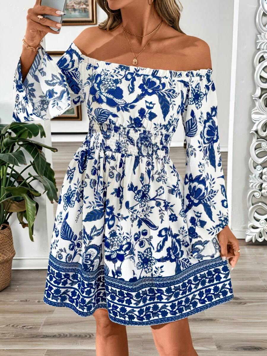 SHEIN Clasi Elegant Women Off Shoulder Frill Trim Flounce Sleeve Bell SleevesBlue And White Positioning Flower Print Bohemian Dress,Suitable For Various Occasions Such As Music Festivals, Vacations, And Daily Wear, Etc - Multicolor - View 1