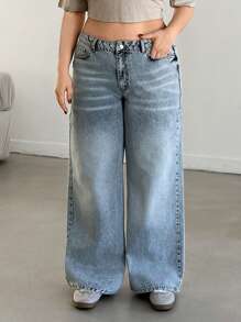 RueChic Plus High Waist Patch Detailed Wideleg Jean - Medium Wash - View 3