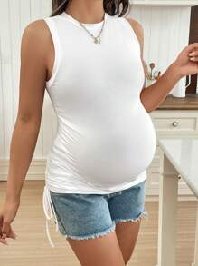 SHEIN 抽绳褶皱侧短款白色孕妇背心，夏季 - 白色 - 查看 3