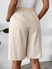 Faunlyn Quần culottes lưng thun co giãn màu trơn đơn giản cho nữ - Màu be - Xem 2