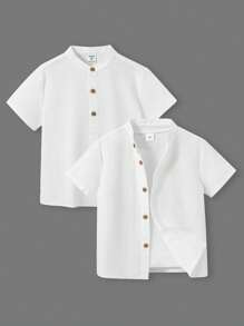 SHEIN 2 stuks Kids Boy Casual Stand Collar Half-Zip Loose Woven Short Sleeve Shirt Multi-Pack, 2 Stijlen 1 Van Elk, Geschikt Voor Woon-werkverkeer, School, Dagelijkse Kleding, Reizen, Sport, Lente, Zomer, Herfst, Winter