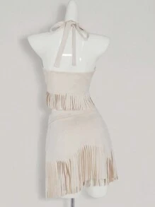 SHEIN ICON Y2k 音乐会女装复古风格牛仔波西米亚乡村音乐会度假嬉皮度假西部装女装节日流苏下摆露背麂皮吊带上衣 - 杏色 - 查看 9