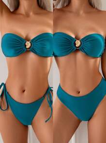 SHEIN Swim Springbreak Women 3pcs Beachwear Set Summer Outfits, Embellished Bustier Top, 2 Solid Bikini Bottoms, Boho Festival Style - Teal Blue - View 1