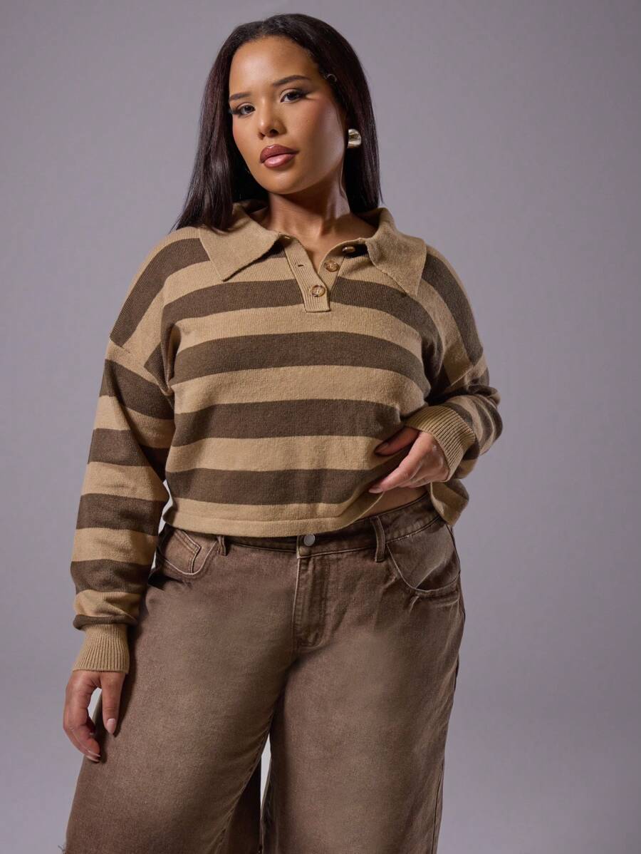 MUSERA Plus Cropped Knitted Striped Collared Long Sleeve Top For Everyday, Casual, Break, Classy - Multicolor - View 1
