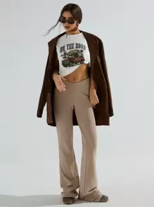 Athîral 女士纯色喇叭休闲裤，百搭，西式女装 - 卡其色 - 查看 1