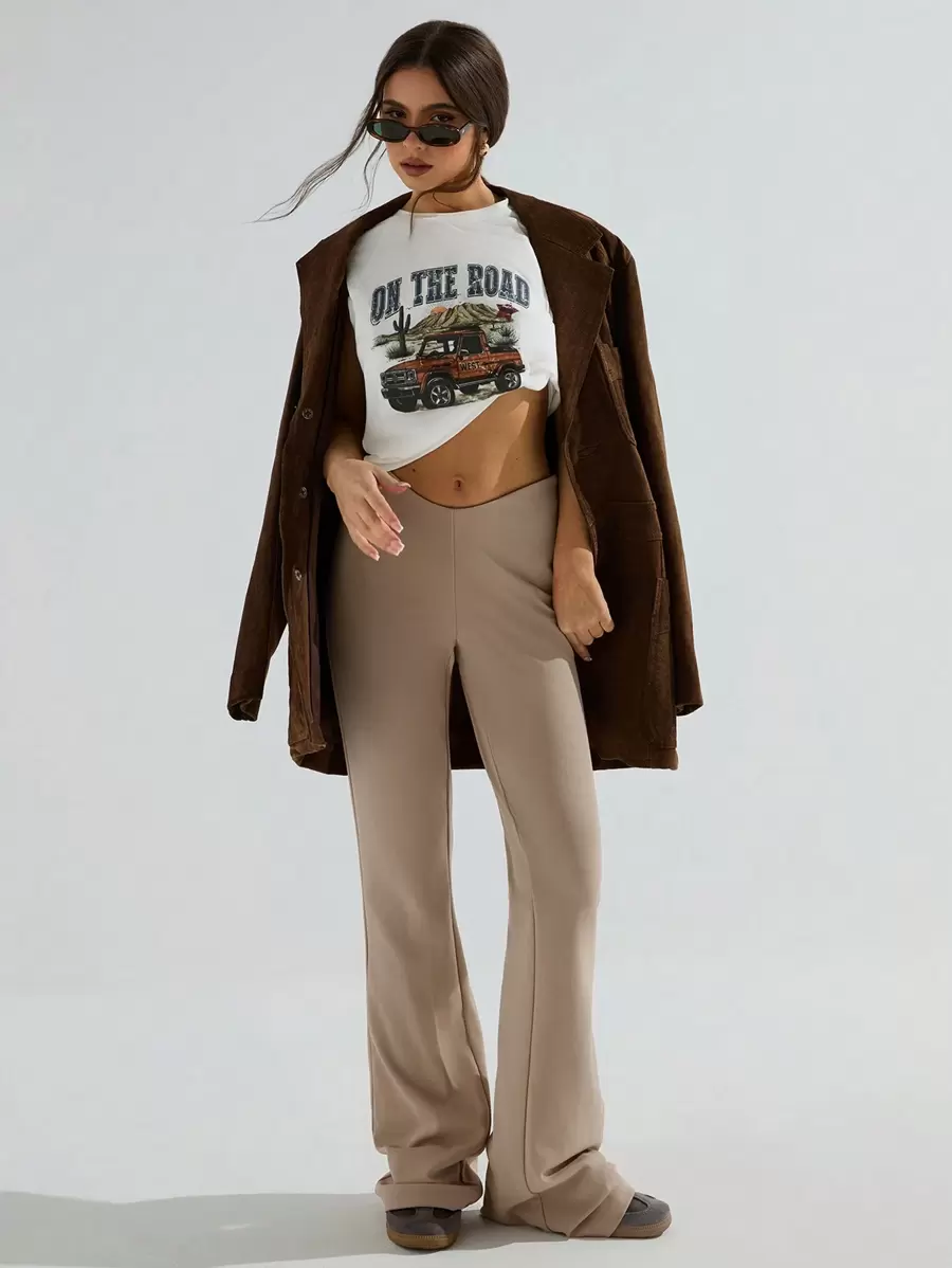 Athîral 女士纯色喇叭休闲裤，百搭，西式女装 - 卡其色 - 查看 1