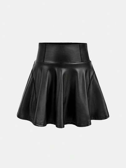 SHEIN Leap Crew 青少年女孩休闲舒适 A 字形 PU 裙子，配有短裤衬里