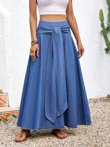 EMERY ROSE 女式牛仔裙休闲度假宽松长裙蓝色腰带蝴蝶结长裙休闲度假风春夏西服女节日裙波西米亚风牛仔女夏乡村 - 中等水洗藍 - 查看 3