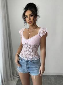 Chiquease Camiseta de mujer con encaje rosa, detalles de lazo elevado - Rosa - Ver 6