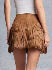 WESTFADE Váy ngắn xếp tầng tua rua giả da lộn kiểu phương Tây cạp cao cho buổi hòa nhạc đồng quê mùa hè - màu nâu - Xem 3
