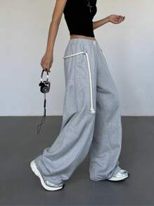SHEIN EZwear 女士休闲复古破洞阔腿直筒宽松裤秋冬款 - 灰色 - 查看 4