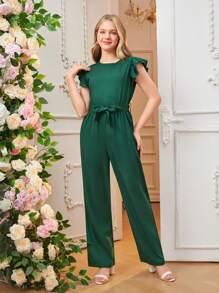 Teen Girl Solid Color Elegant Cap Sleeve Jumpsuit
