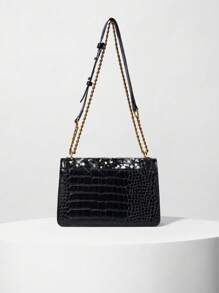 1 pieza (23,5 cm*16 cm*10 cm) Bolso de hombro de piedras brillantes de estilo lujoso, material brillante y decoración de metal vintage, correa de cadena con cordón para el hombro o cruzado, superficie resistente al desgaste con estampado de cocodrilo, bolso multifuncional con solapa y cierre de hebilla, y compartimientos para un almacenamiento fácil, adecuado para viajar, compras, fiestas y talla grande!