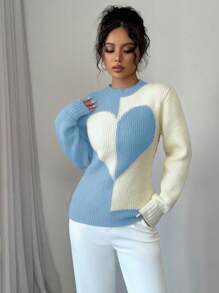 Elenzga 女士情人节心形图案长袖休闲毛衣针织套头衫秋冬 - 藍色 - 查看 5