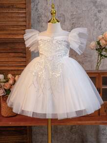 SHEIN Glamorique Kids 4 季女孩可爱度假和婚礼派对礼服，优质白色网眼花童宴会礼服，刺绣蓬松公主礼服 - 白色 - 查看 7