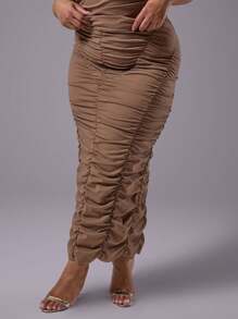 MUSERA Plus Size Extreme Ruched Basic, Classy Style Skirt For Everyday, Date Night, Club, Holiday Summer - Brown - View 2