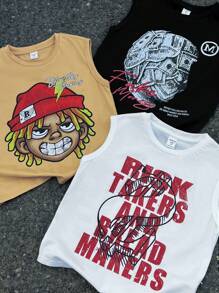 SHEIN 3 件装年轻男孩休闲、可爱、休闲街头、舒适、时尚、简约、实用、百搭、卡通表情印花宽松 T 恤、返校上衣、适合音乐会 - 彩色 - 查看 6