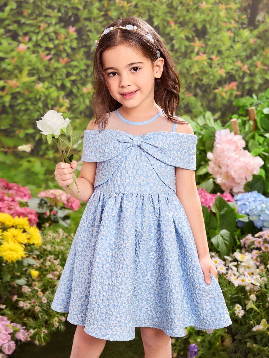 Vestido justo com decote redondo e jacquard de cor sólida e tecido para meninas - Azul - Ver 1