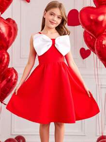1pc Tween Girls Red Large Bow Decor Spaghetti Strap A-Line Dress, Suitable For Birthday, Party, Event, Spring/Summer - Red - View 1