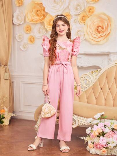 Tween Girls Elegant Floral Jacquard Ruffle Hem Zipper Front Short Sleeve Jumpsuit With Belt, Spring/Summer