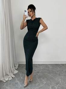 Elenzga Elegant Sexy Women's Shiny Ruched Bodycon Dress - Dark Green - View 4