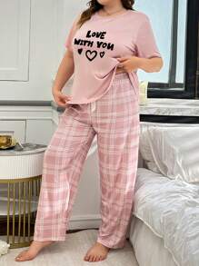 大码 2 件心形和字母印花短袖上衣和格子睡裤套装 - 粉色 - 查看 4