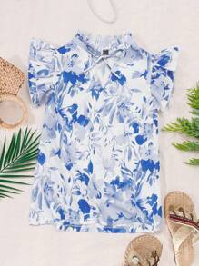 1 pieza Blusa casual de mujer con cuello mao, manga con volantes, dobladillo con volantes, cordón ajustable, estampado digital de hojas y flores en textura tejida de bambú, adecuada para salir y vacaciones en la playa (se vende por separado en sets de 3)