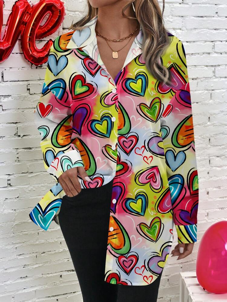 Casual Loose Heart & Abstract Print Open Cardigan Blouse Long Sleeve Shirt For Women, Summer Wear Valentine's Day Going Out Tops