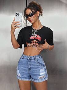 SHEIN PETITE 女士口袋细节做旧卷边休闲牛仔短裤