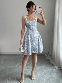 Elenzga Boho Backless Ditsy Floral Bowknot Tie Straps Square Collar Dress, Spring/Summer - Blue - View 5