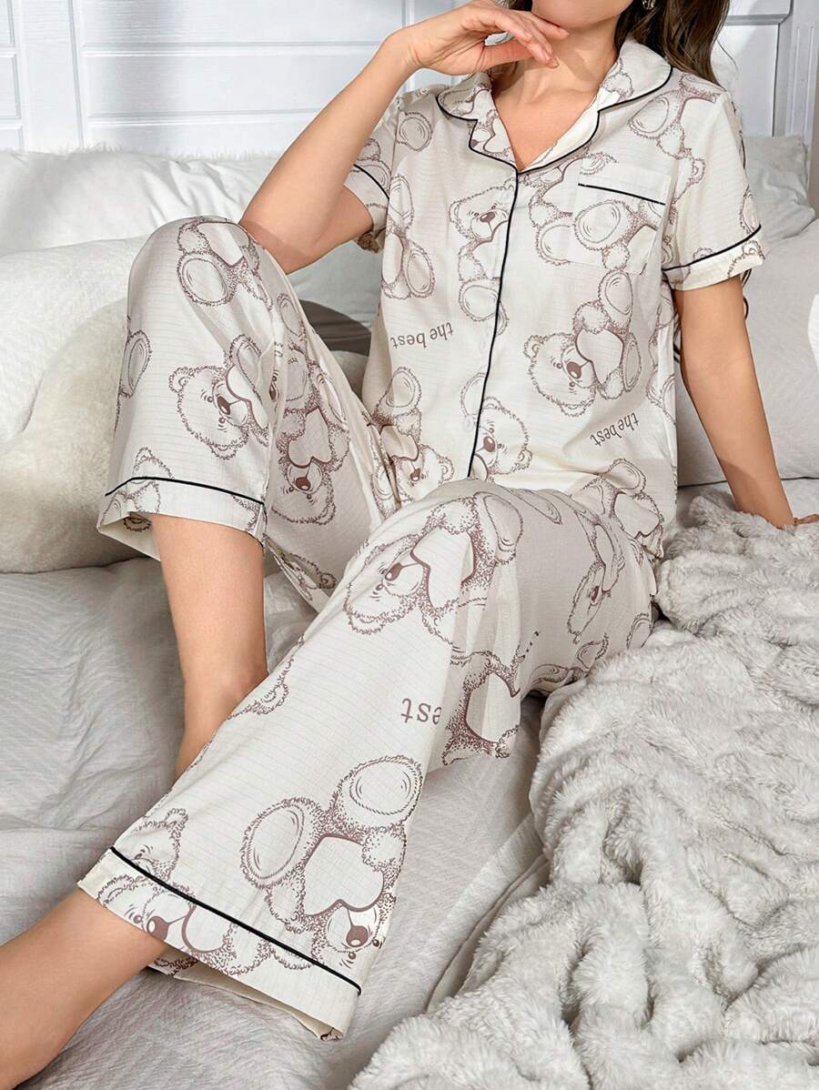 Bubble Print Bear Decor Lapel Short Sleeve & Pants Women Pajama Set - Apricot - View 1