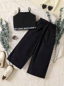 2pcs Simple & Fashionable Young Girl Camisole And Pants Set, Casual Everyday Outfit
