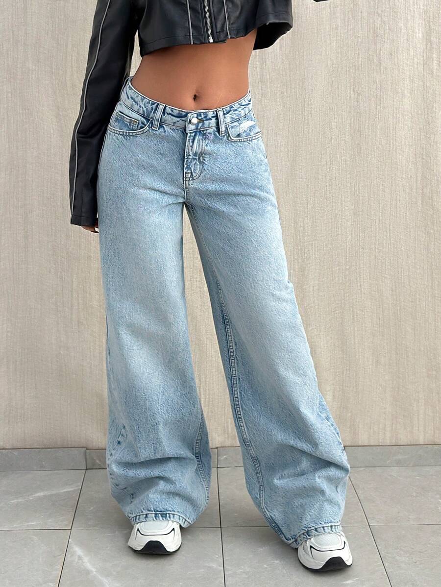 EURMUSE Jeans mit weitem Bein, niedriger Taille, Taschen und Rissen - Helle Waschung - Übersicht 1