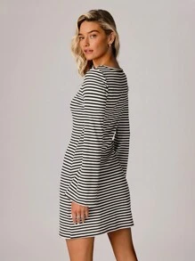 Forever 21 Women Striped Round Neck Bell Sleeve Casual Straight Dress - Multicolor - View 2