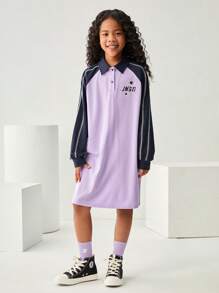 JNSQ Vestido deportivo de manga larga informal para niña preadolescente de vuelta al colegio, vestido holgado de niños con estampado divertido de color de contraste y cuello de solapa, adecuado para otoño, invierno, uso diario, actividades al aire libre, vacaciones, estilo callejero, fiesta y ocio - Multicolor - Ver 8