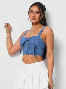 SHEIN Tall Denim Cami Top With Bowknot Detailing - Medium Wash - View 5