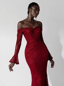 Elitara 优雅蕾丝花朵露肩长袖美人鱼礼服适合婚礼、活动、派对、度假、伴娘礼服（成人） - 酒紅色 - 查看 4