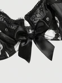 ROMWE Goth Sujetador de lencería con copa con aros, estampado de calavera gótico oscuro, encaje empalmado, ojetes y jacquard - Negro - Ver 2