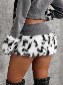 Jeanoix 女士时尚豹纹拼布人造毛皮低腰牛仔迷你裙 - 灰色 - 查看 2