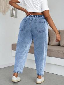 Dripcurv Plus Size Loose Fit Ripped Tapered 7/8 Length Jeans, Blue,Plus Size Tapered 7/8 Length Relaxed Fit Jeans Women High Waist Plicated Detail Roll Hem Pants S Casual Commuter Pants,Women's Plus Size Blue Jeans Elastic Waistband Overalls Summer Jeans Casual Street Wear, Summer / Summer Outfits / Summer Clothes