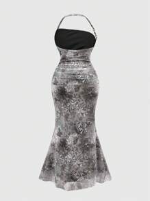 ROMWE Plus Size Women's Halter Neck Floral Print Long Dress Prom Dresses For Ladies,Summer,Summerouis ,Summer Cothes,Summer Outfits For Women - Olive Green - View 2
