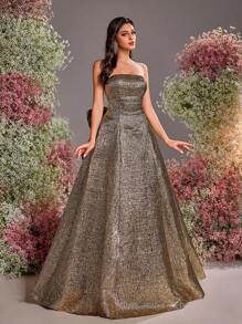 Glamrae 优雅华丽的提花缎带筒裙，配有可拆卸大蝴蝶结和超大下摆，婚礼宾客礼服，适合婚礼活动、单身派对、生日舞会、假期返校季、婚礼季晚礼服、派对礼服、正式礼服、晚礼服、长袍 - 金色 - 查看 5