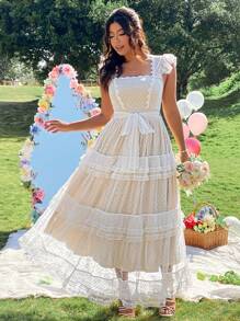 SHEIN Clasi Đầm dài thanh lịch lãng mạn, rộng rãi, dây ren phong cách mới mùa xuân/hè, dài vừa phải - trắng - Xem 5