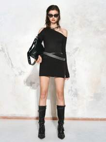 SHEIN LUNE Women's 2 Pieces Set Ribbed Knit Sexy Off Shoulder Uneven Hem Long Sleeve Top And Mini Sexy Skirt For Spring & Summer - Black - View 5