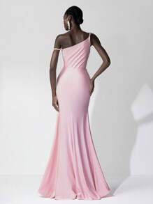 SHEIN Belle 不对称领口美人鱼下摆优雅粉色伴娘礼服 - 粉色 - 查看 4