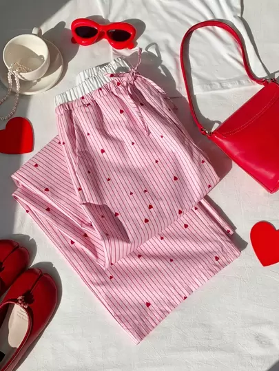 Comfortcana Pantalones casuales sueltos con cintura anudada, bolsillos y estampado de corazones y rayas para mujer