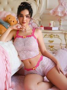 SHEIN 2 件套花卉蕾丝双色蝴蝶结透明性感内衣套装，粉色 - 粉色 - 查看 5
